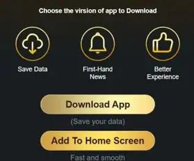 Tuzowins download page with Save Data, First-Hand News, Better Experience, Download App and Add To Home Screen
