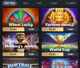Tuzowins lobby For You tab with Wheel Lucky, Fortune Gems 2, Mummy's Jewels 100 and World Cup